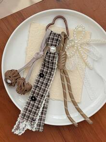 Gantungan Kunci Kain Kotak-kotak Vintage Korea, Aksesori Charm Tas Karabiner Pita Mutiara Bunga Hati - MultiWarna - View 6