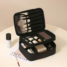 Large Capacity Double Layer Makeup Bag, Portable Handheld Cosmetic Storage Bag, Multi-Compartment Detachable Design, Makeup Brush & Mask Compartments, Travel Skincare Organizer Bag - Multicolor - View 13