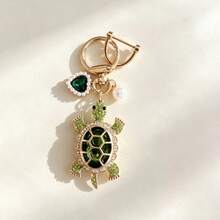 Full Rhinestone Cute Artificial Crystal Turtle Car Key Chain Creative Heart-Shaped Faux Pearl Car Key Ring Pendant Key Accessory Car Key Home Key Ring Decorative Pendant - A - View 11