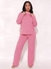 Women's Casual Striped Print Loose Round Neck Long Sleeve Pajama Set, Comfortable Loungewear Set - Rose Red - View 6