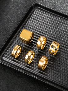 Hipoem 6pcs Fashion Stainless Steel Men's Ring Set With Large Square, Twisted, Football Elements, Suitable For Daily Wear, Dating, Halloween Party, Holiday Accessories - Gold - View 2