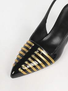Women's Black & Gold Colorblock Pointed Toe Slingback High Heel Pumps, Minimalist Versatile Daily Commute Stiletto Heels - Black - View 3