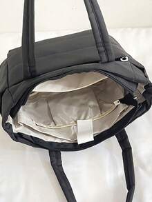 Tote Bag With Quilted Padded Body, Double Wide Strap Design, Side External Pockets For Convenient Storage Of Small Items. Ample Capacity To Hold Books, Laptop And Other Personal Belongings, Minimalist Lightweight Style Suitable For Daily Outings, Easily Elevating Your Overall Outfit Style. - Black - View 6