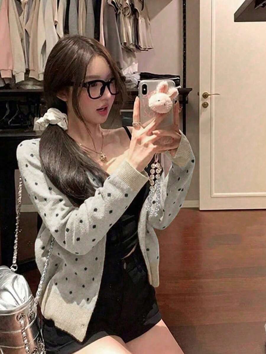 女款圓領針織開襟衫,寬鬆慵懶顯瘦短版夾克上衣 - 杏色 - 查看 1
