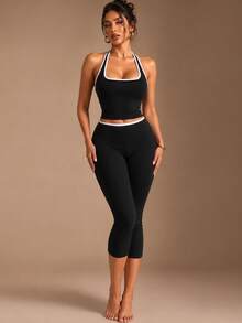 XLLAIS Setelan Olahraga 2 Potong Atasan Halter Tanpa Punggung dengan Trim Kontras Bergaris dan Legging Capri, Pakaian Olahraga Wanita untuk Gym dan Yoga - Hitam - View 11