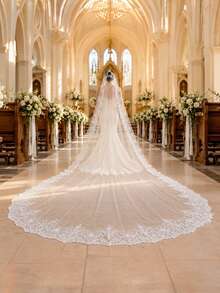 1pc Elegant Vintage Lace Bridal Veil With Metal Comb, Perfect For Vienna Cathedral & Church Weddings - Straight White - View 13