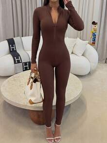 GLAMSKIN جمبسوت نسائي للخريف/الشتاء بأكمام طويلة مضلع، نصف سحاب بياقة V عميقة، قصة ضيقة، طقم قطعة واحدة، مرونة عالية، أسلوب شارع كاجوال - بني - مشاهدة 7