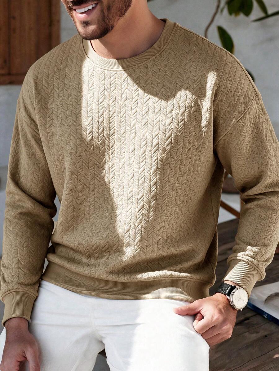 Vintage Wheat Ear Textured Crew Neck Long Sleeve Men's Multi-Scenario Daily Commute Versatile Pullover Sweatshirt - Khaki - View 1