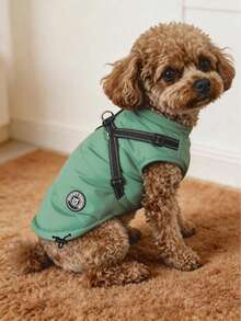 Pakaian Anjing Musim Gugur/Dingin, Harness Reflektif, Desain Resleting Belakang, Pakaian Hewan Peliharaan, Mantel Hangat, Ekor Dapat Diatur, Cocok untuk Anjing Kecil - Hijau - Mint Green - View 2