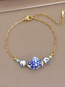 1Pc Hand-Painted Blue And White Ceramic Fish Bracelet, Gold Stainless Steel Chain, Boho Vacation Jewelry,Daily/Party,Christmas Birthday Gift/Halloween - Multicolor - View 8