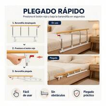 Barandilla de  Plegable para Cama de Adultos 93 x 40 cm, Doble Refuerzo con Tubos Reforzados, Protección Anticaídas y Apoyo para Levantarse, Instalación sin Taladros - Madera amarilla | Liso - Ver 4