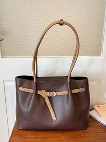 Tote Bag Mother-Daughter Bag Set, Decorated With Contrast Color Leather Belt Buckle, Dual Long Shoulder Straps For Shoulder Carry. Ample Capacity To Store Various Personal Items, Minimalist Commuter Style Suitable For Daily Outings, Easily Enhancing Overall Outfit Style - Coffee Brown - View 3