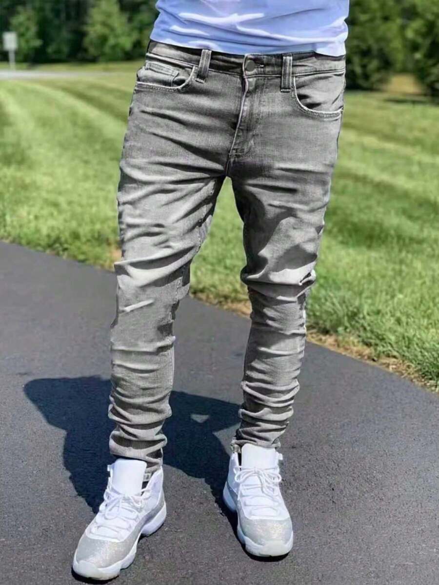 Men's Casual Stretch Skinny Breathable Denim Jeans All-Match Versatile Suitable For Daily Commute - Light Grey - View 1