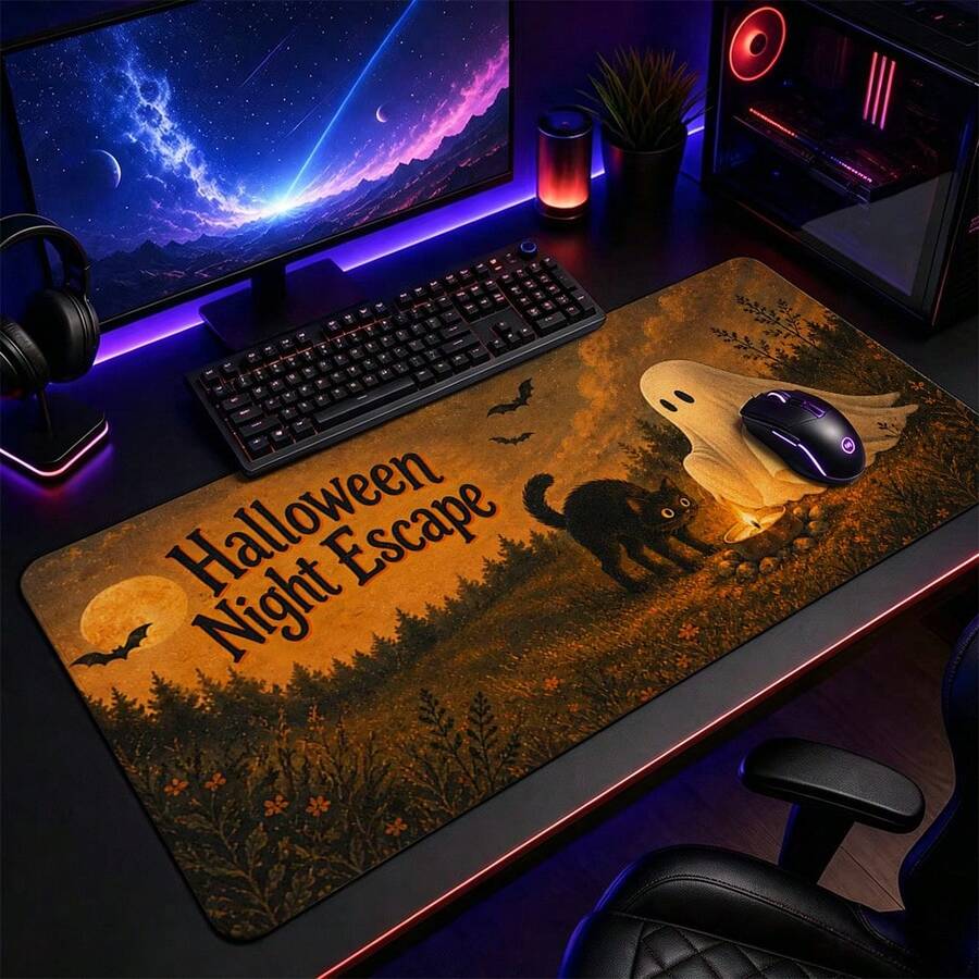 1pc Vintage Halloween Ghost Black Cat And Full Moon Print Extended Mouse Pad, Bat Forest Letter Graphic Keyboard Desk Mat, Spooky Desktop Decor - View 1
