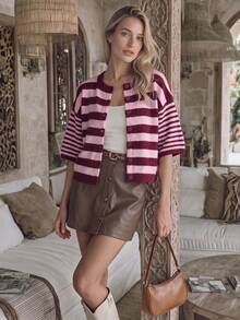 NiceArt Women's Crew Neck Color Block Stripe Short Sleeve Knit Cardigan, Button Front Cropped Relaxed Fit, Sweet Preppy For Fall Winter Office Daily Outfit - Multicolor - View 10