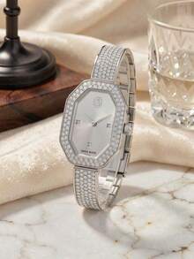 Swarovski 1 buah Jam Tangan Quartz Segi Delapan Warna Perak dengan Tali Paduan Seng Bertatahkan Berlian Imitasi Kaca, Jam Tangan Elegan untuk Wanita, Cocok untuk Pesta dan Penggunaan Sehari-hari - Putih - View 7