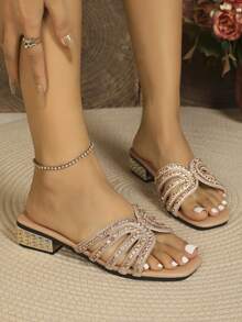 1 Pasang Sandal Wanita Hak Rendah Tebal Berhiaskan Berlian Imitasi Warna Champagne, Gaya Modis Elegan, Hak Tinggi yang Nyaman dan Serbaguna - Sampanye - View 3