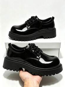 Men's Black Shiny Leather Thick Sole Round Toe Lace-Up Height-Increasing Casual Work Shoes, Plus Size 37-46 - Black - View 3