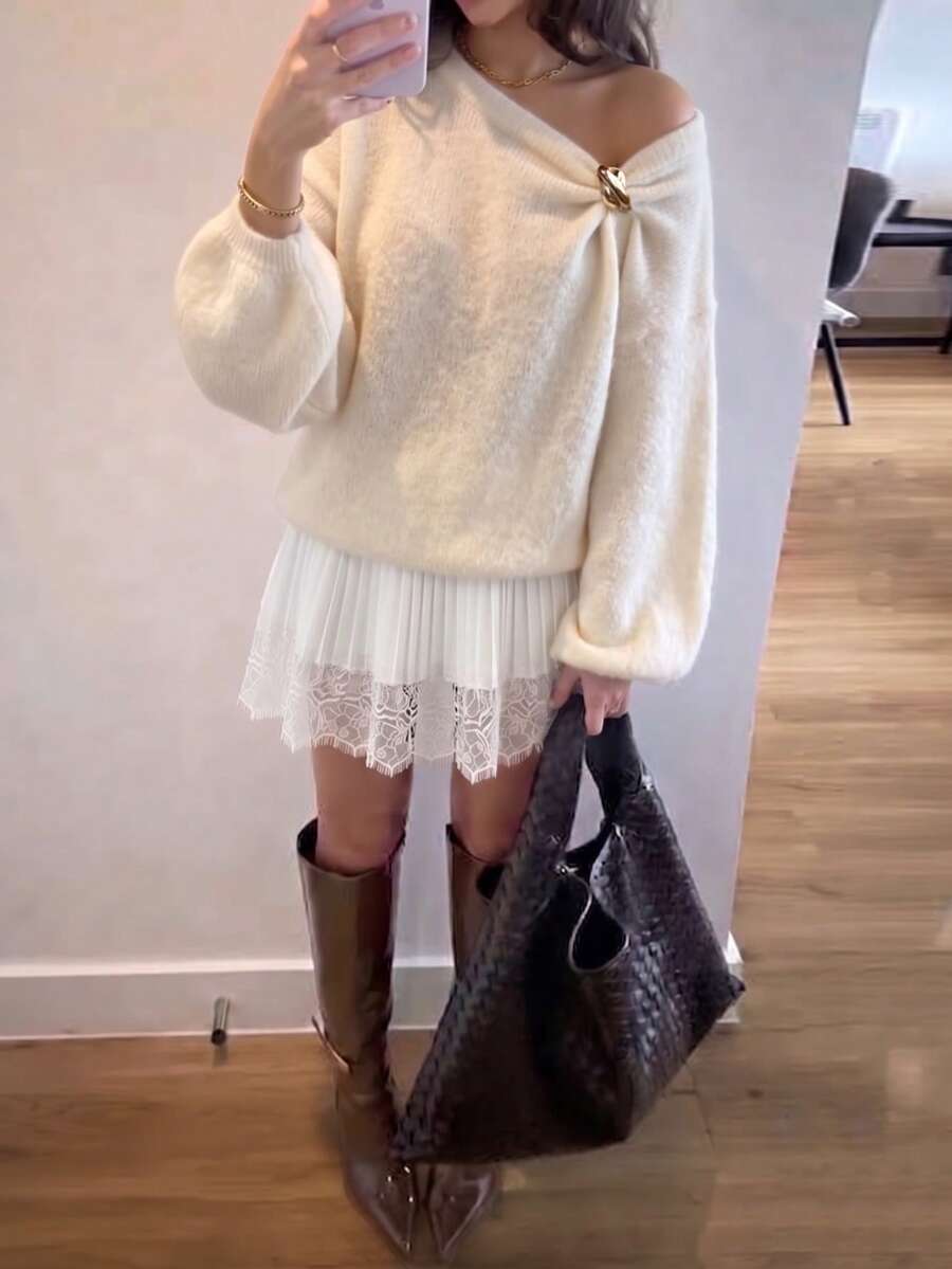 2026 Autumn/Winter New Fashion Elegant Commuter Winter Sweater, Christmas, Warm Sweater, Thanksgiving, Women's Metal Button Sweater, Elegant Asymmetric Shoulder Sweater