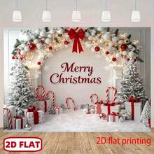 1 buah Banner Selamat Natal dengan Huruf Elegan dan Pita Merah, Latar Belakang Negeri Ajaib Musim Dingin Putih dan Emas dengan Pohon Bersalju, Karangan Bunga, dan Kotak Hadiah - A - View 3