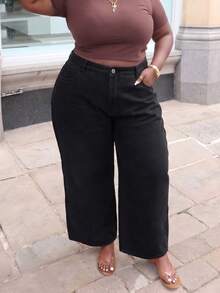 Women's Plus Size Black Denim Straight Leg Pants, Fleece Lined Non-Stretch Zipper Long Pants, Fashionable - Black - View 3