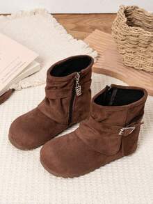 Kids Buckle‑Decor Stacked Ankle Boots, Side‑Zipper Wrinkle‑Collar Short Boots For Daily Casual Outing - Coffee Brown - View 1
