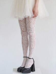 STAR RIVER Vintage White Lace Tights, Hollow Floral Fishnet Stockings Y2K Lolita - Multicolor - View 5