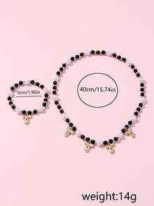 2Pcs Bow Pearl Beaded Necklace & Bracelet Set, For Autumn & Winter Daily Wear, Birthday & Year-End Party Gifts For Girls - Black - View 4