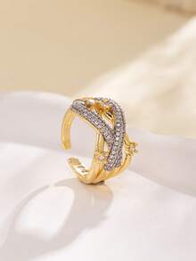 1Pc Gold Color Copper Inlaid Cubic Zirconia Ring, Twisted Intertwined Adjustable Open Band Ring For Women Daily Party Jewelry Gift - Multicolor - View 5