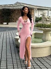 Autumn V-Neck Hollow Out Tie-Up Ruffle Trim Slit Long Sleeve Dress - Pink - View 3