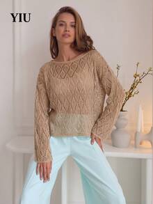 YIU LUMOS Women's Khaki Crochet Top, Round Openwork Knit Long Sleeve Oversized, French Vintage Chic Sweater For Daily Office Date Spring Autumn - Khaki - View 3