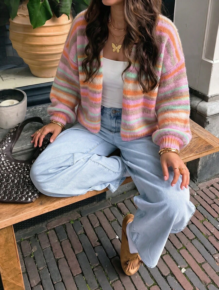 SEREN 新款秋冬條紋長袖無鈕扣女款針織開襟衫,寬鬆休閒 Y2K 上衣,女款毛衣外套,適合日常穿著 - 彩色 - 查看 1