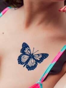 Herbal Juice Semi-Permanent Magic Tattoo Sticker, Delicate Butterfly Design, Long-Lasting 14 Days, Non-Fading, Non-Reflective, Temporary Tattoo Sticker For Arm, Shoulder, Neck, Collarbone, Back, Body, 1pc/Pack - Blue - View 2