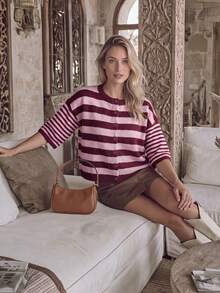 NiceArt Women's Crew Neck Color Block Stripe Short Sleeve Knit Cardigan, Button Front Cropped Relaxed Fit, Sweet Preppy For Fall Winter Office Daily Outfit - Multicolor - View 4