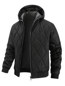 1pc Men's Autumn/Winter Hooded Diamond Quilted Jacket, Zipper Closure, Ribbed Hem, Lightweight Casual Outerwear - Black - View 3