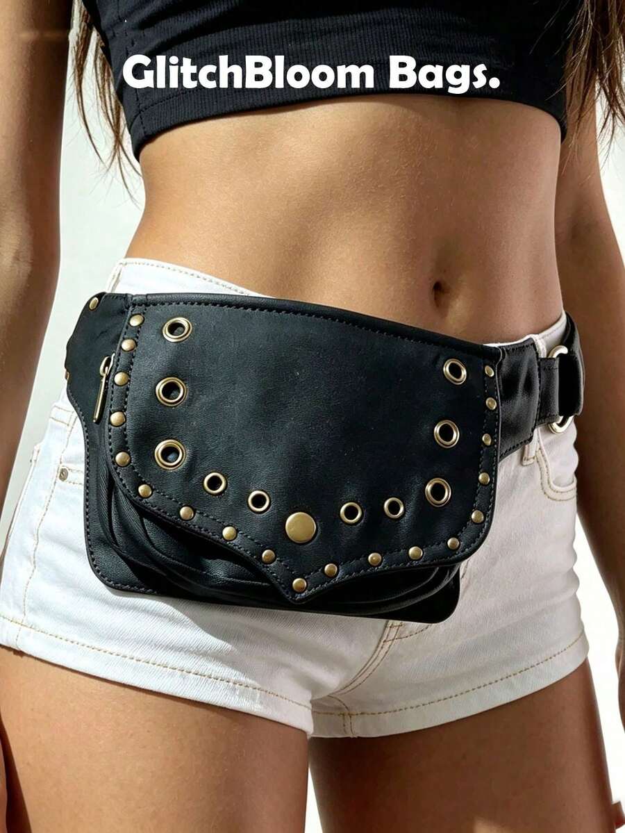 New Black Rivet Flap Cargo Style Style Multifunctional Simple Canvas Waist Bag Unisex Handmade Travel