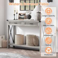 Mesa Consola Para Entrada,Mesa Consola Bohemia De 43 Pulgadas Con Cajones De Ratán,Mesa De Entrada o Sofá De Madera Con Almacenamiento, Diseño Decorativo Para Sala, Pasillo o Recibidor, Estilo Rústico - Gris - Ver 2