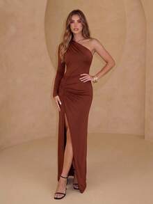 Women Asymmetrical One Shoulder Long Sleeve Bodycon Maxi Dress, Spaghetti Strap Ruched High Slit Evening Party Club Dress - Brown - View 4