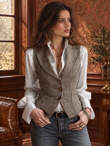2026 New Tweed Herringbone Vest Sleeveless Blazer Vintage Vest College Style Layering Vest Tweed Fabric Single-Breasted V-Neck Slim Fit Button Summer - Khaki - View 6