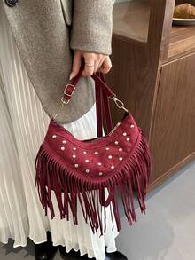 Shoulder Bag With Curved Body, Metal Rivet Decoration And Long Tassel Design, Adjustable Shoulder Strap For Easy Carrying. Moderate Capacity To Store Daily Essentials, Western Vintage Style Suitable For Daily Outings, Effortlessly Enhancing Overall Outfit Style. - Red - View 3