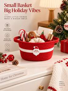 1pc Christmas Santa Rope Storage Basket For Home, Red & White Woven Organizer With Cute Santa Embroidery, Decorative Storage Bin With Handles For Bedroom, Kids Room, Living Room & Holiday Decor - Multicolor - View 5