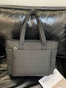 Tote Bag With Quilted Padded Body, Double Wide Strap Design, Side External Pockets For Convenient Storage Of Small Items. Ample Capacity To Hold Books, Laptop And Other Personal Belongings, Minimalist Lightweight Style Suitable For Daily Outings, Easily Elevating Your Overall Outfit Style. - Black - View 3