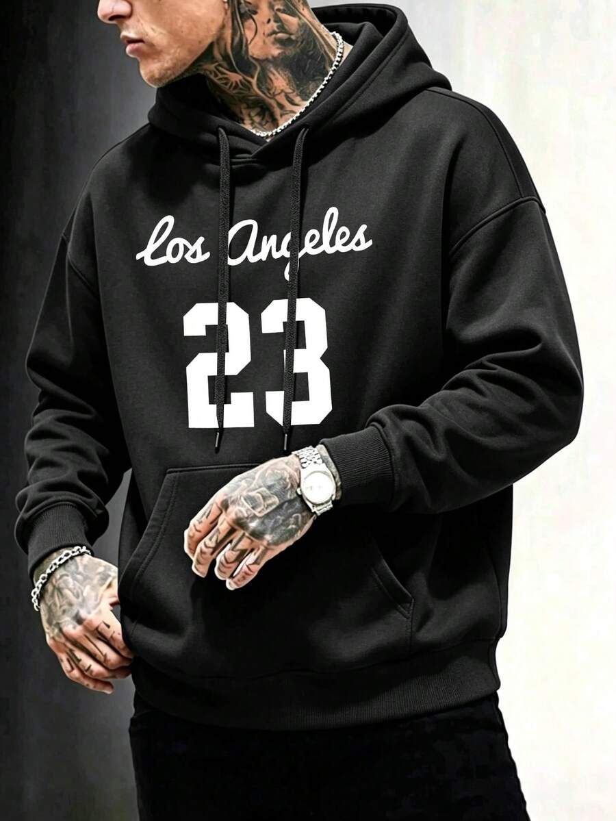 Sudadera con capucha Hombre Oversize hombros caídos estampado texto Los Angeles manuscrito número 23 grande bolsillo canguro estilo deportivo retro casual juvenil diario