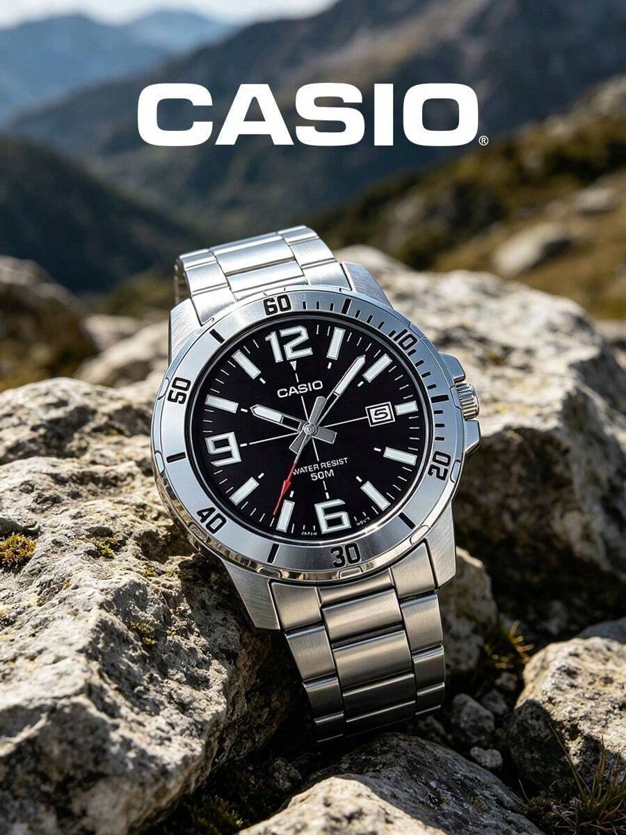 Casio Men's Sports Analog Watch Black Luminous Dial Stainless Steel Band 5ATM MTP-VD01D - Black - View 1