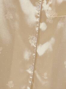 Women's Autumn/Winter Strawberry Jacquard Satin Patch Pocket Front Button Long Sleeve Pajama Set - Champagne - View 4