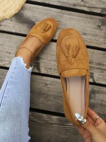 Plus Size 2026 Spring/Autumn Square Toe Loafers, Suede Tassel Slip-On Casual Driving Loafers, Solid Color Preppy College Style Tassel Loafers, Office & Home Wear - Brown - View 5