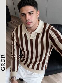 GRDR 男士白色與棕色垂直寬條紋紋理針織套頭上衣，V領、羅紋袖口、長袖 - 棕色 - 查看 4