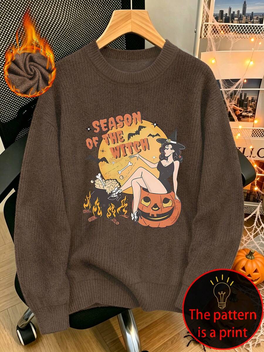 Plus Size Women's Casual Faux Knit Sweater, Witch And Pumpkin Lantern Print, Round Neck Long Sleeve, Autumn/Winter Top - Brown - View 1