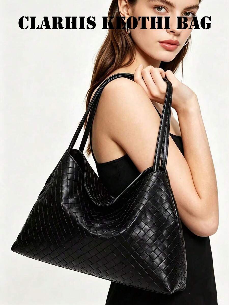 Hand-Woven Rhombus Pattern Soft Leather Tote Bag, Large Capacity, Magnetic Snap Closure, Dual Long Shoulder Straps For Shoulder Or Underarm Carry, Minimalist Commuter Style, Can Store Phone, Wallet, Cosmetics And Other Daily Essentials, Suitable For Work Commute, Daily Outings, Casual Dates, Soft And Premium Texture, Versatile Bag - Black - View 1