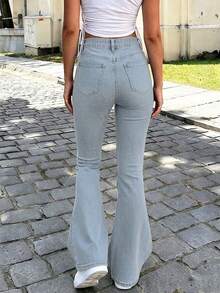 Celana Jeans Wanita Model Flare Pinggang Tinggi, Dihiasi Rhinestones, Kain Tenun Elastis Sedang, Desain Celana Panjang, Dengan Resleting dan Saku, Pilihan Sempurna untuk Musim Gugur - Light Wash - View 6